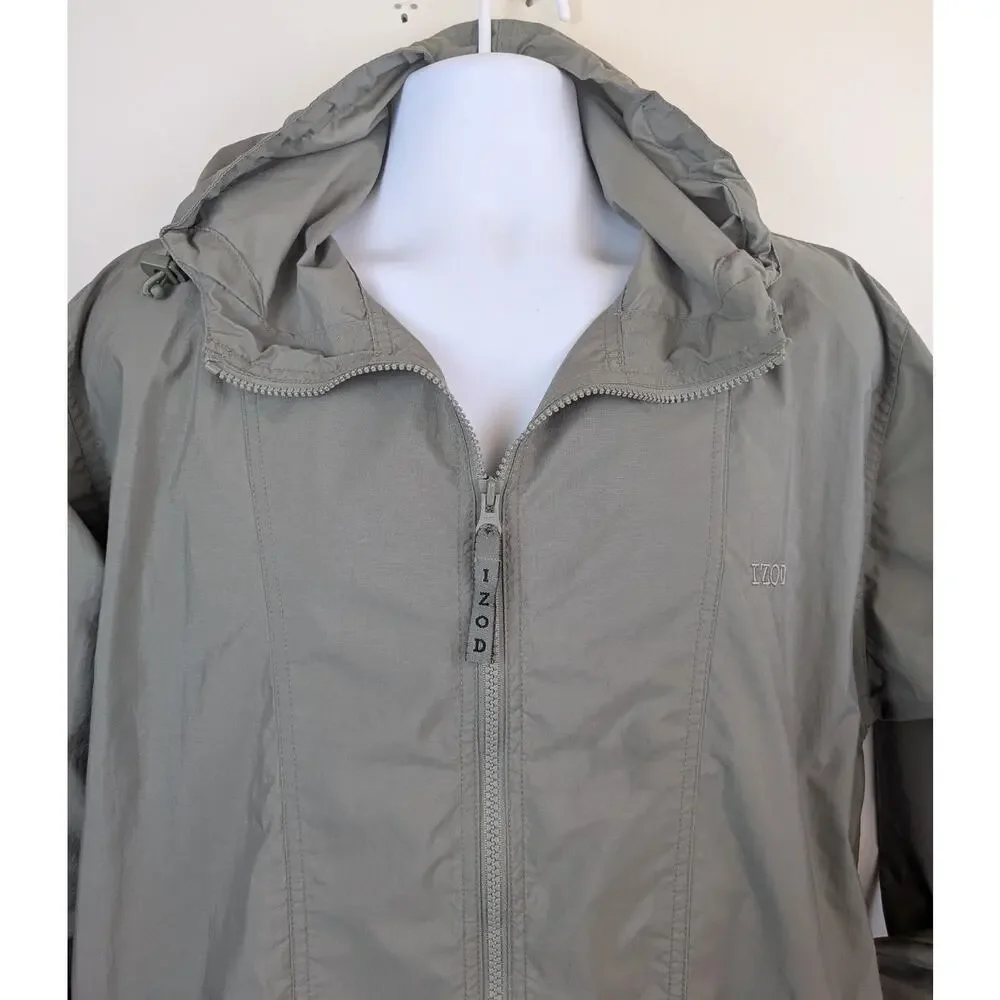 IZOD Golf Mens Windbreaker Jacket Large Green Hooded Multi Pocket Lightweight